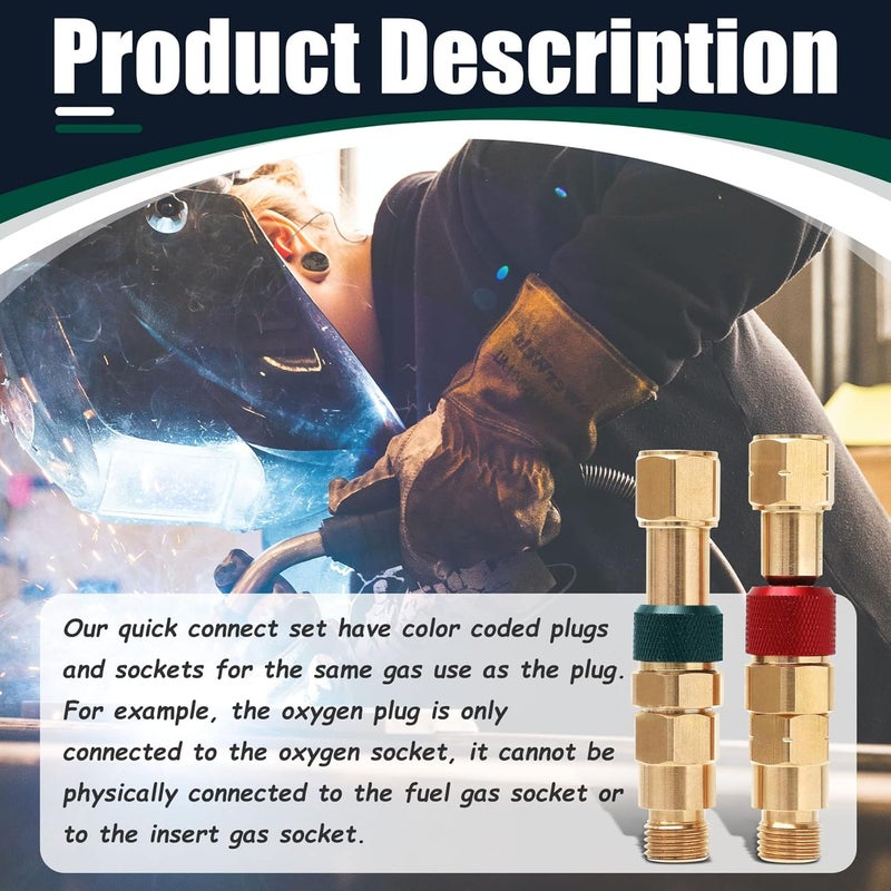 Miumoon Upgraded QDB10 Torch to Hose Quick Connect Set, With Check Valves. Brass construction color coded for safety (oxy/green, fuel/red). - Image 2